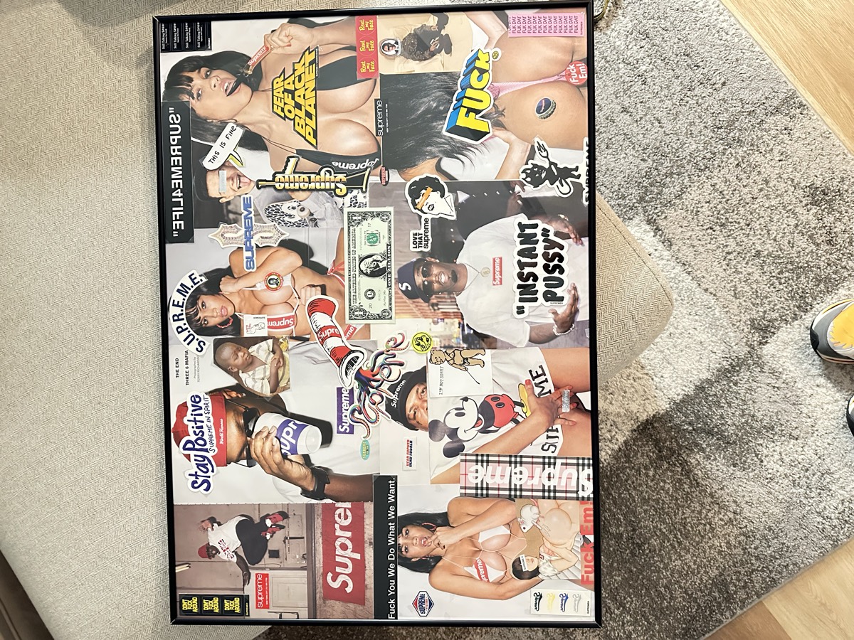Finished one-of-one artwork created by Never Miss Out from magazines, stickers, and collectible materials