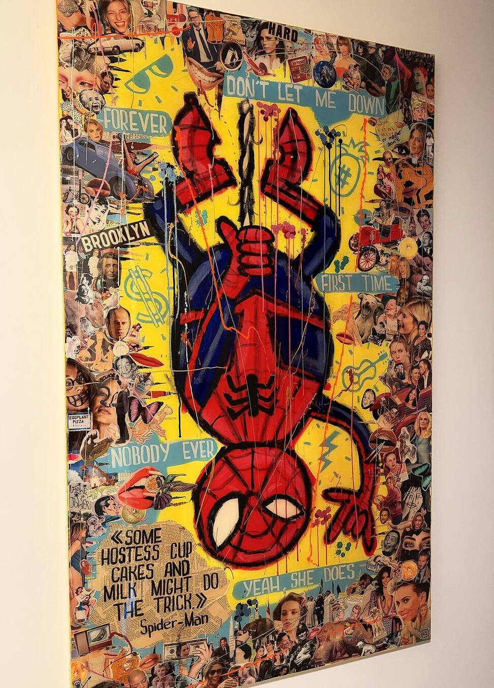 Framed Spider-Man collage assembled from comic and magazine imagery