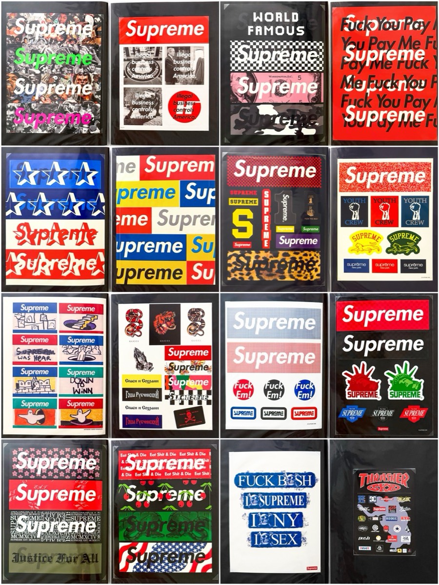 Complete set of sixteen vertical box-logo compositions
