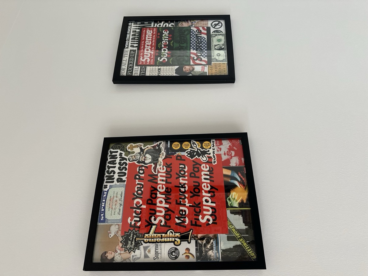 Two framed original collage works displayed together