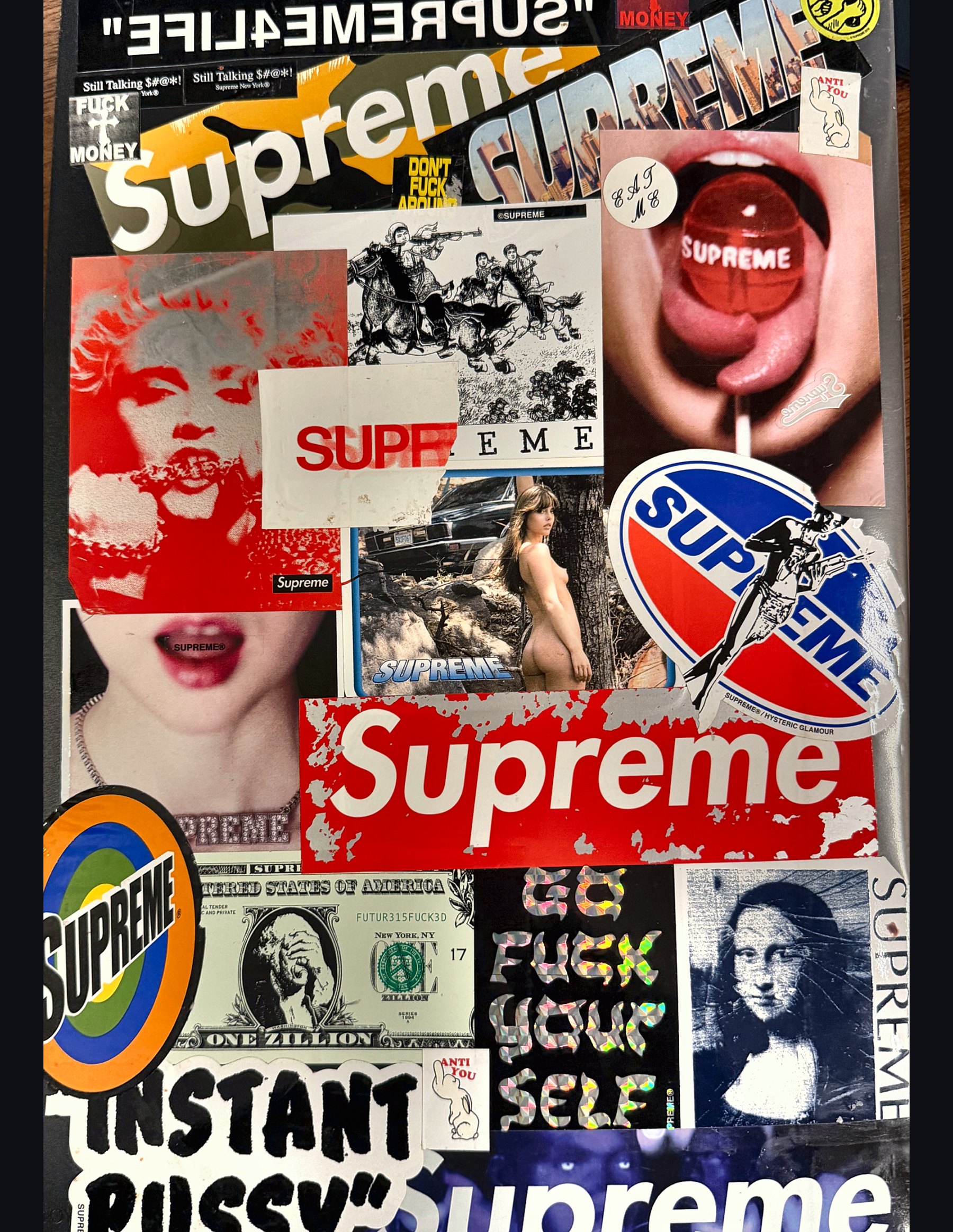 Back cover of the sticker book, collaged with Supreme stickers