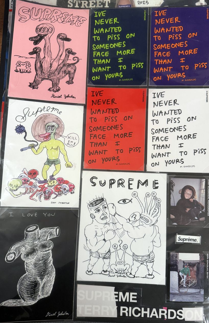 Binder page — Daniel Johnston and Mark Gonzales stickers with the Terry Richardson sticker