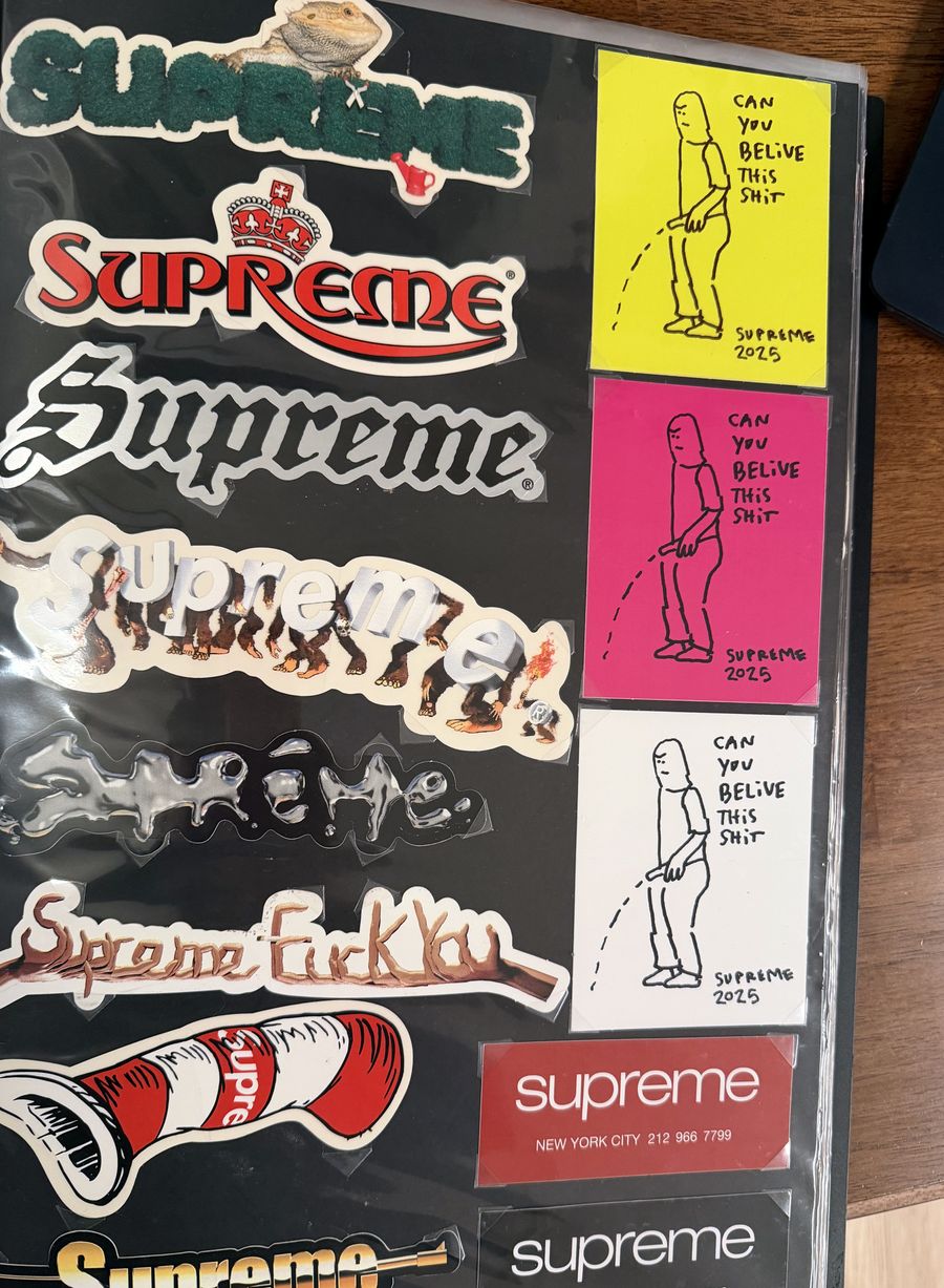 Binder page — Supreme script and crown logos with the Can You Believe This Shit stickers
