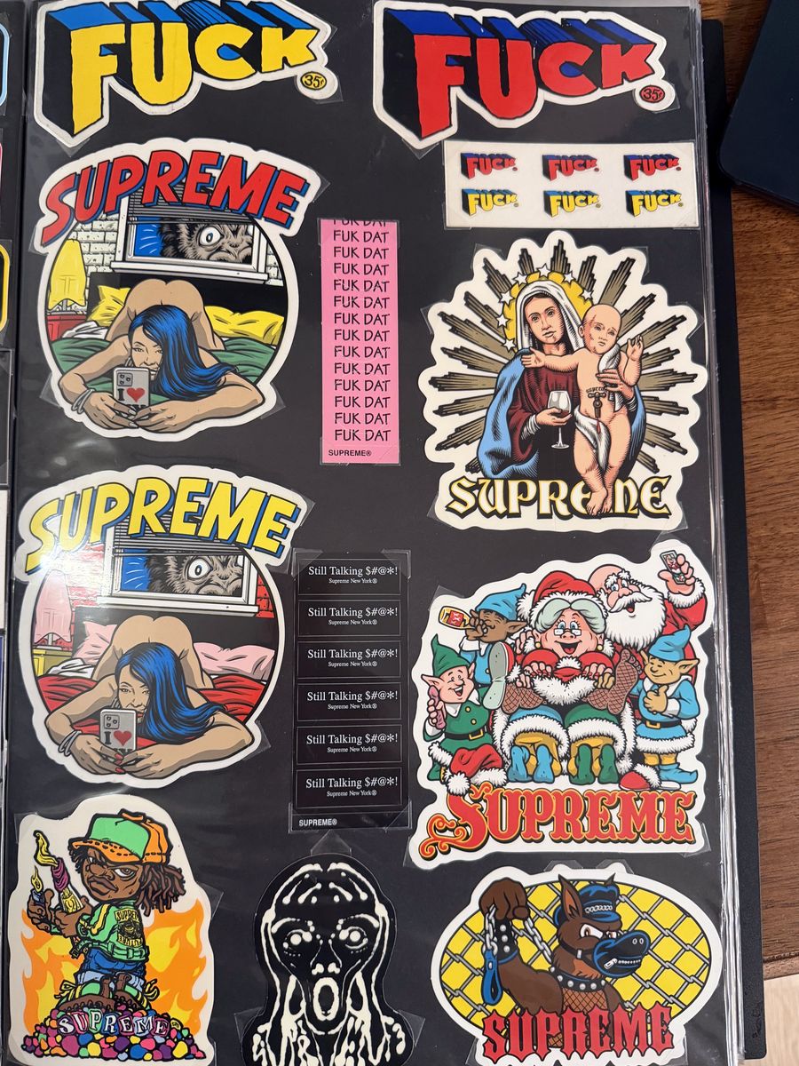 Binder page — FUCK stickers and illustrated Supreme graphics