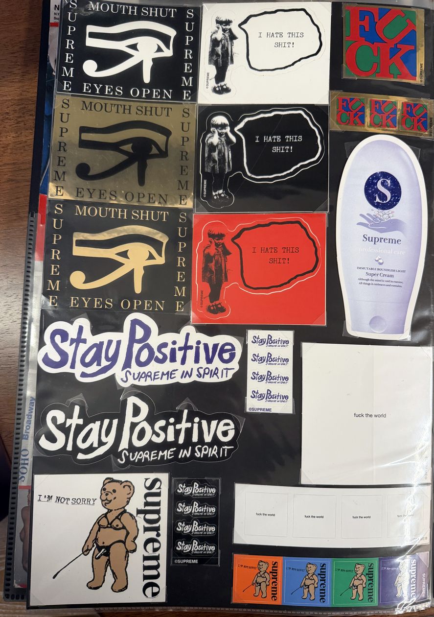 Binder page — Mouth Shut, Eyes Open stickers and Stay Positive