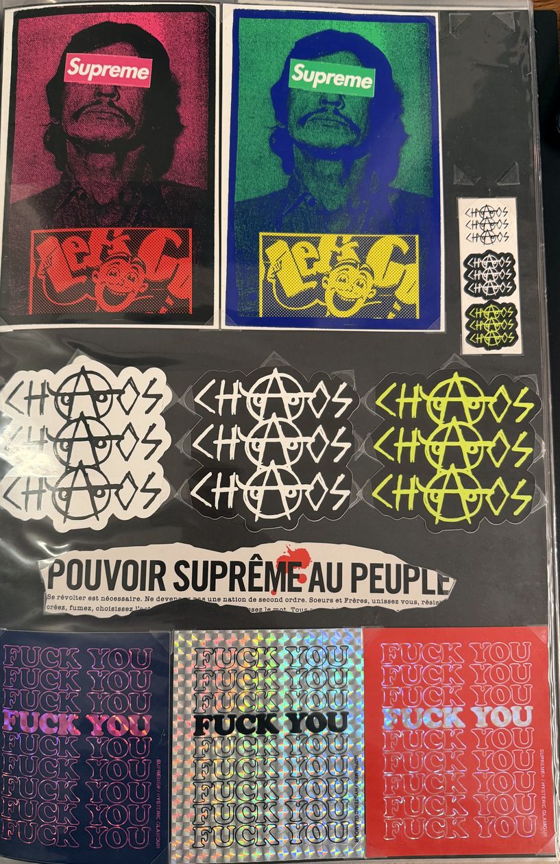 Binder page — portrait Supreme stickers, Chaos sheets, and Fuck You sheets