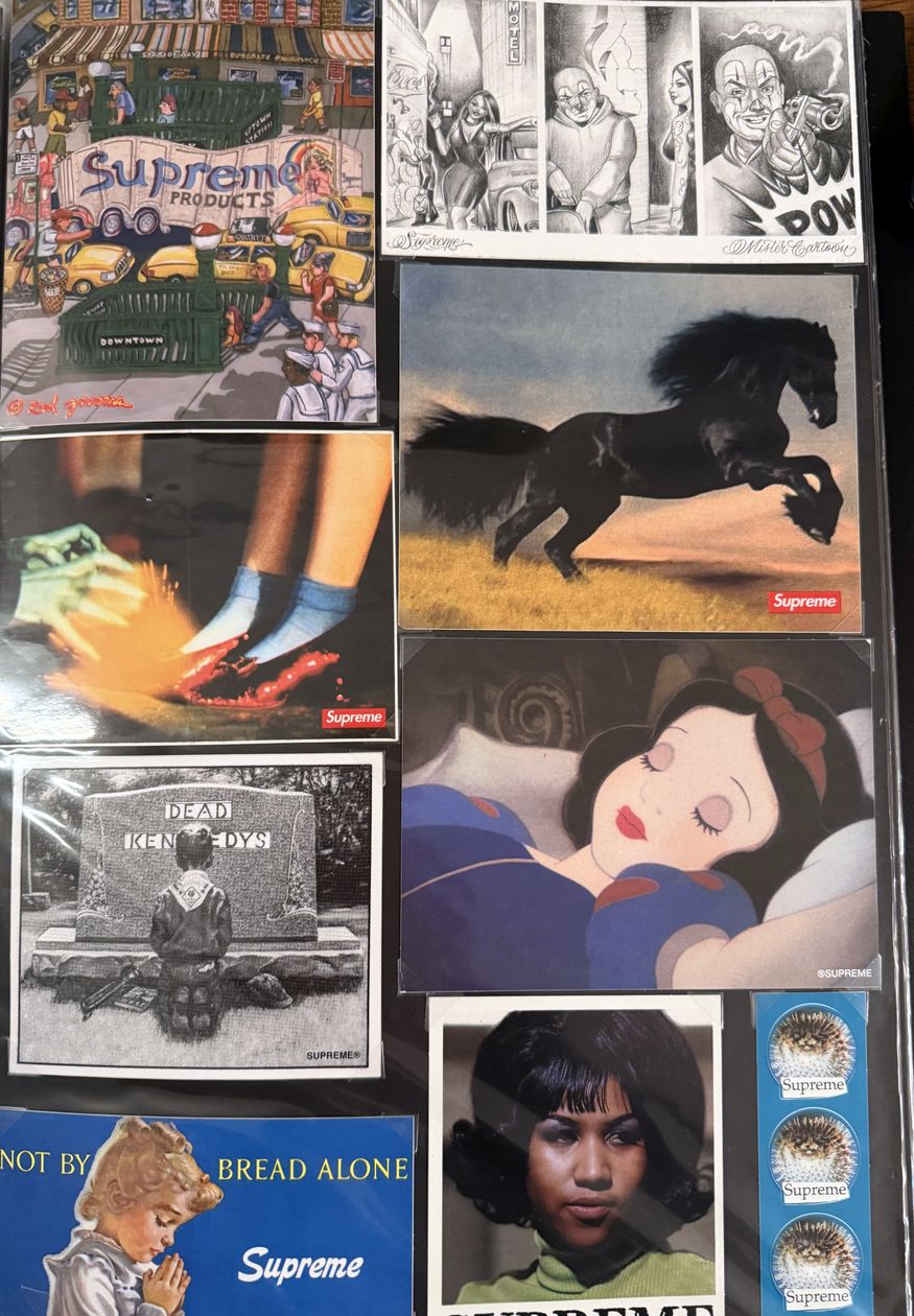 Binder page — photo stickers including Snow White and Not By Bread Alone