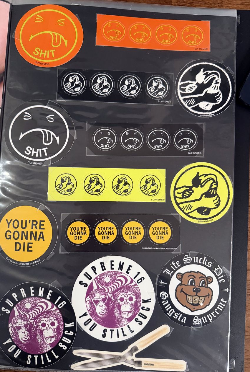 Binder page — smiley and You’re Gonna Die stickers