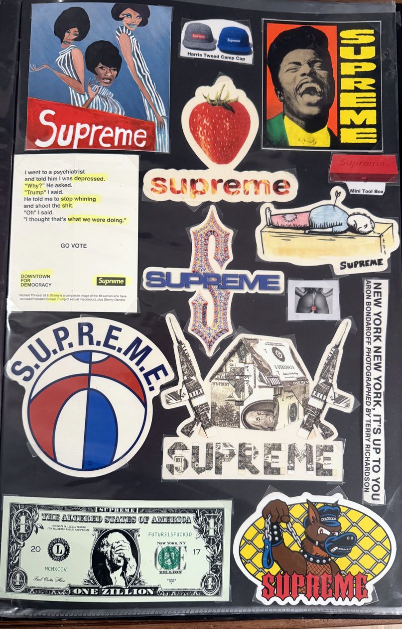 Binder page — S.U.P.R.E.M.E. basketball, One Zillion bill, and New York stickers